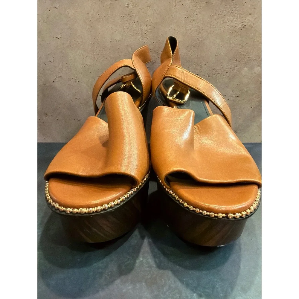 Coach Harla Tan Leather Wood Wedge Platform Sandals